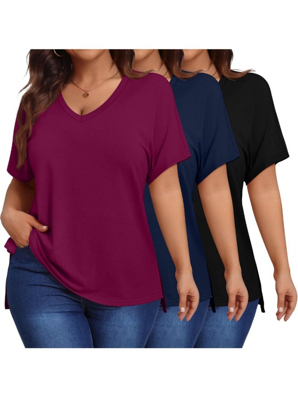 Plus Size Women's V-Neck Tops - 3 Pack Casual Stylish Blouses for Everyday Wear